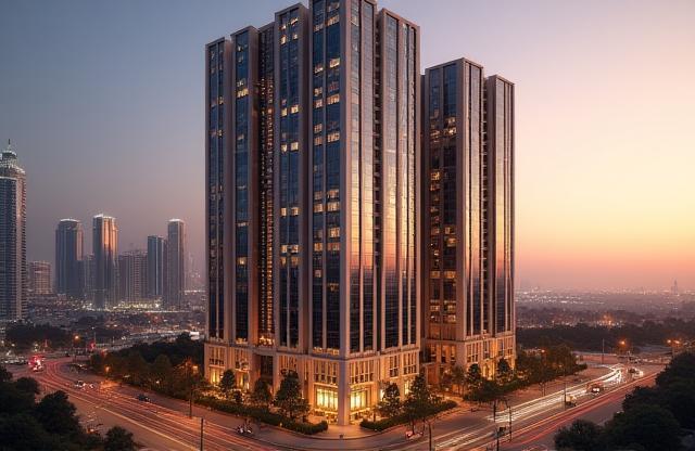 Exterior view of Horizon Towers luxury residential building in Downtown Dubai at dusk